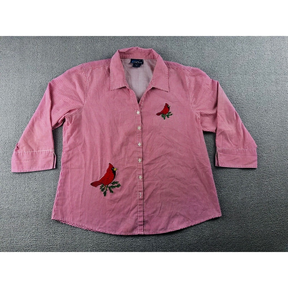 Lasolas Button Front Shirt Women M Red Classic Check Cardinal Bird Holiday